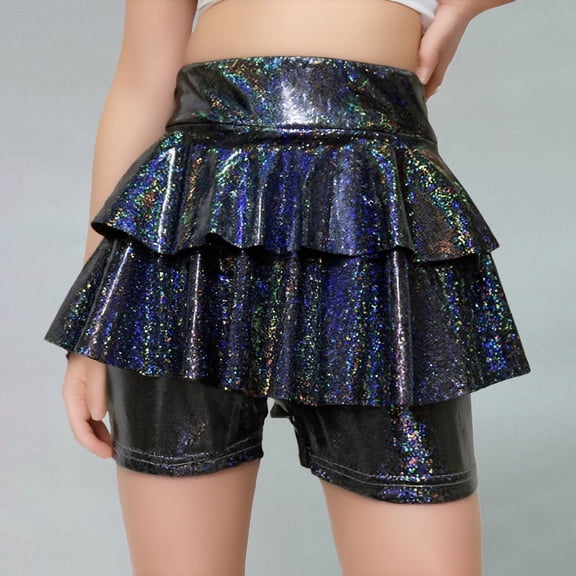 Girls 2-in-1 Sequin Shorts with Attached Skirt, Sparkly Puffy Dance Costume Shorts for Performance, Cheerleading and School Recital, Shiny Metallic Skort Black 100