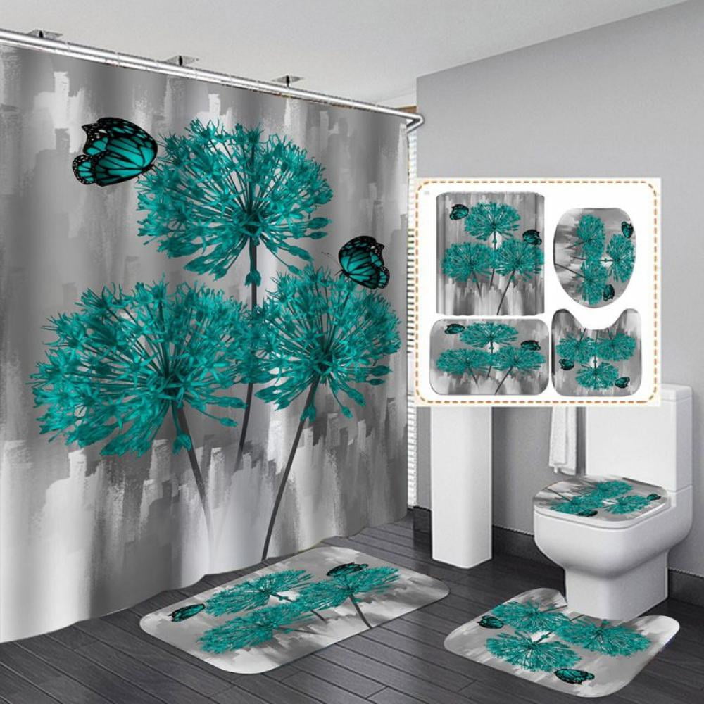 Bathroom Rose Rug Set Shower Curtain Thick Non Slip Toilet Lid Cover Bath Mat 