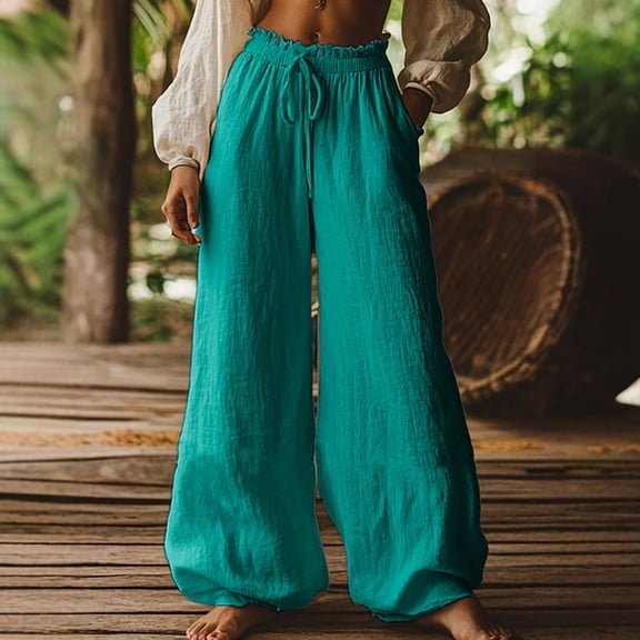 Endives Women's Cotton Linen Pants Wide Leg Pants Lantern Pants Fashion Basic Full Length Elastic Waist Comfort Soft Streetwear Beach Holiday Pant Mint Green