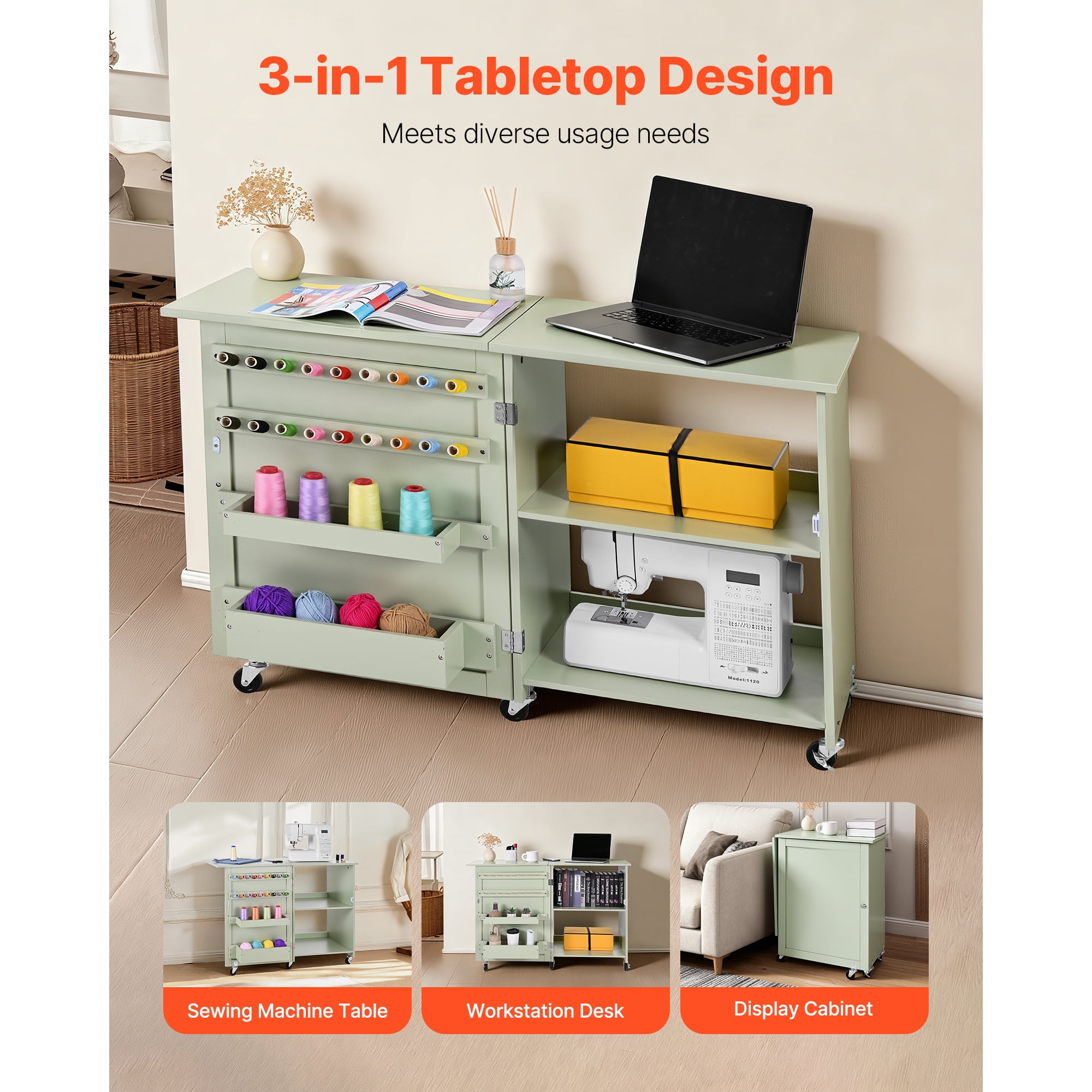 KFFKFF Folding Sewing Table with Compact Design, Sewing Table, Particleboard, 46.06×15.75×31.02 in, Light Green