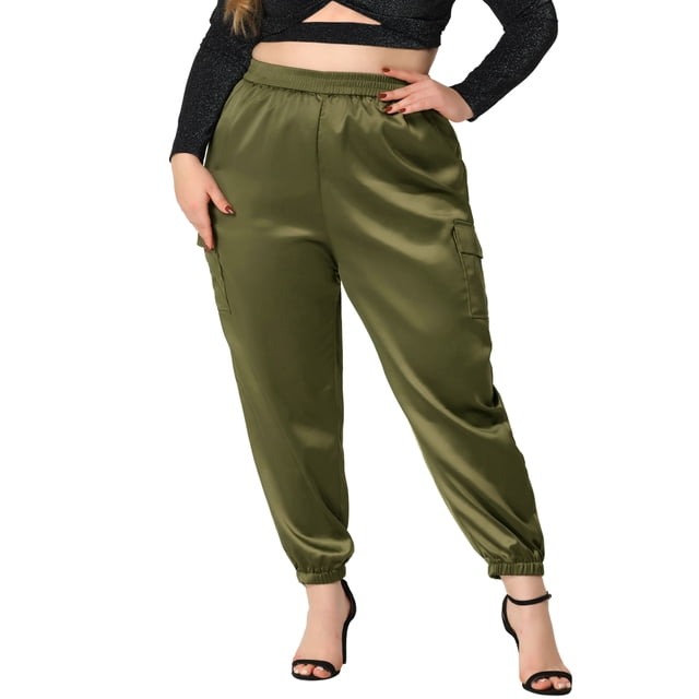 Pantalones cargo de satén para mujer de tallas grandes Agnes Orinda con cintura elástica y bolsillos, longitud hasta el tobillo, 2X color verde ejército