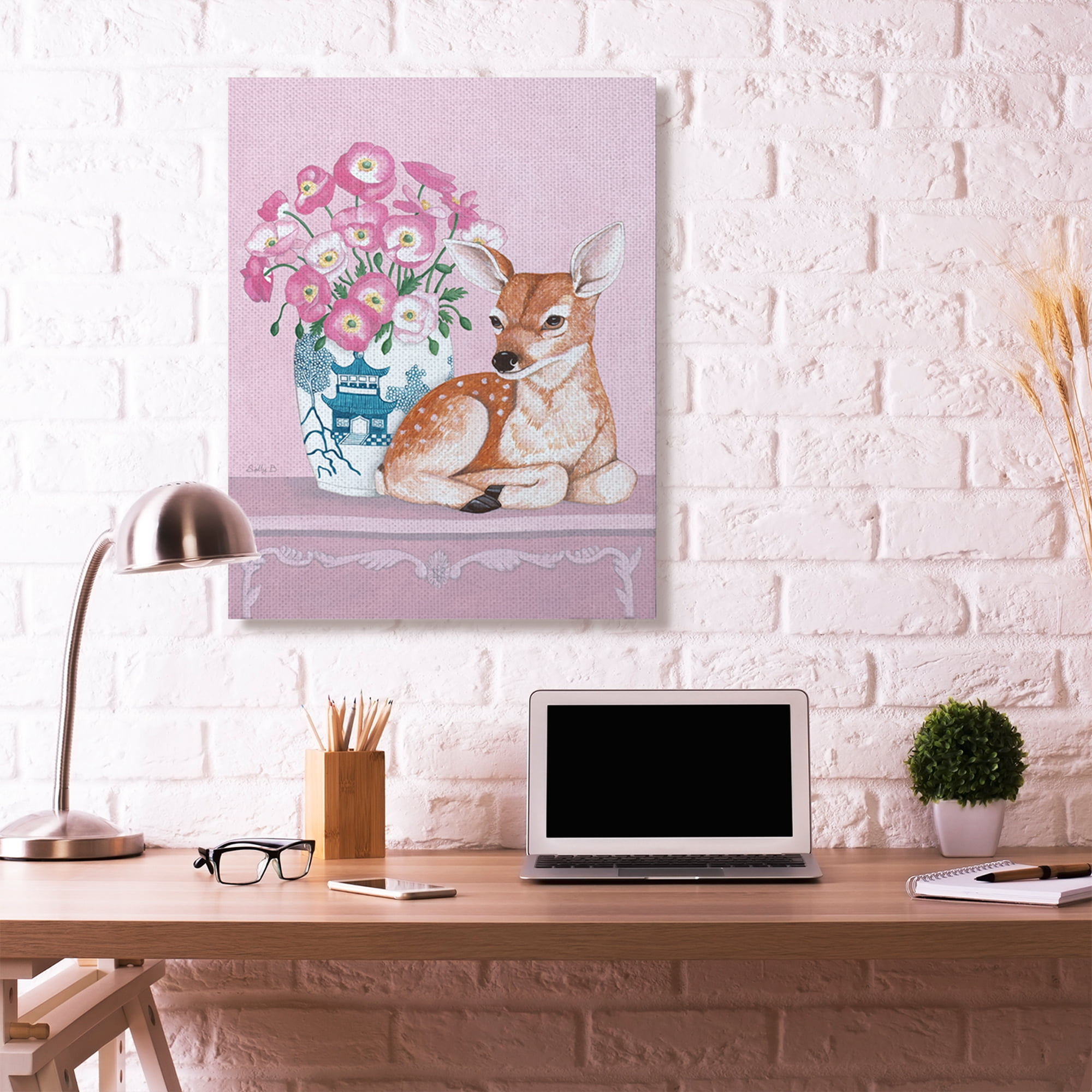 Stupell Home Décor Flower Vase And Deer Pink Animal Painting Canvas Wall Art by Sally B