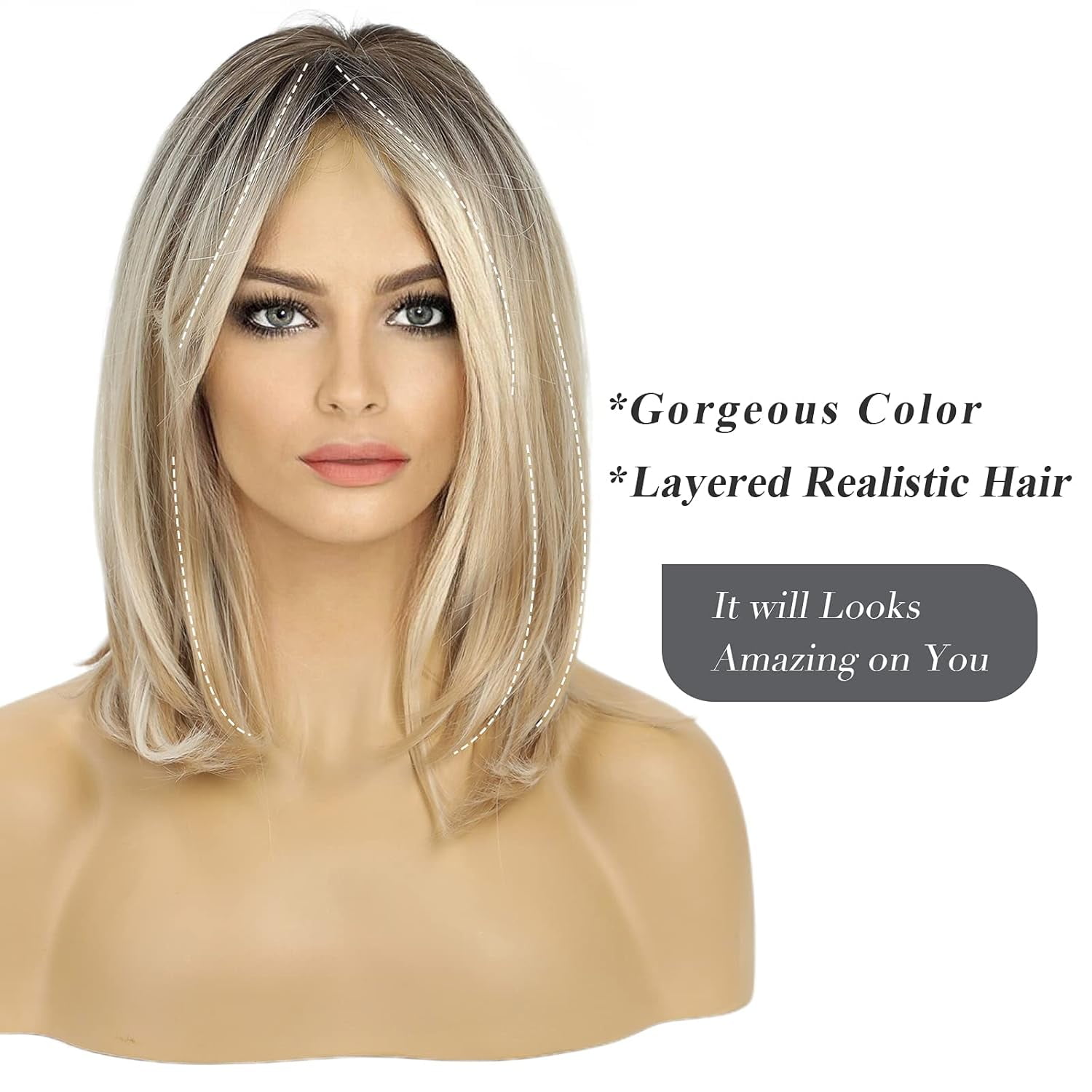 Sucs Long Layered Synthetic Hair Wigs for Women with Bang