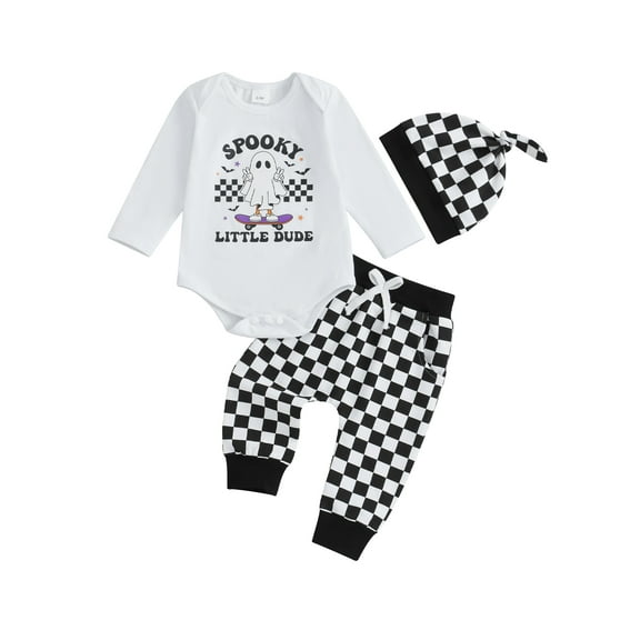 Baby Toddler Boy Halloween Outfit 0 3 6 12 18 Months Ghost Print Long Sleeve Rompers and Elastic Checkerboard Pants Hat Set Spring 3 Piece Clothes