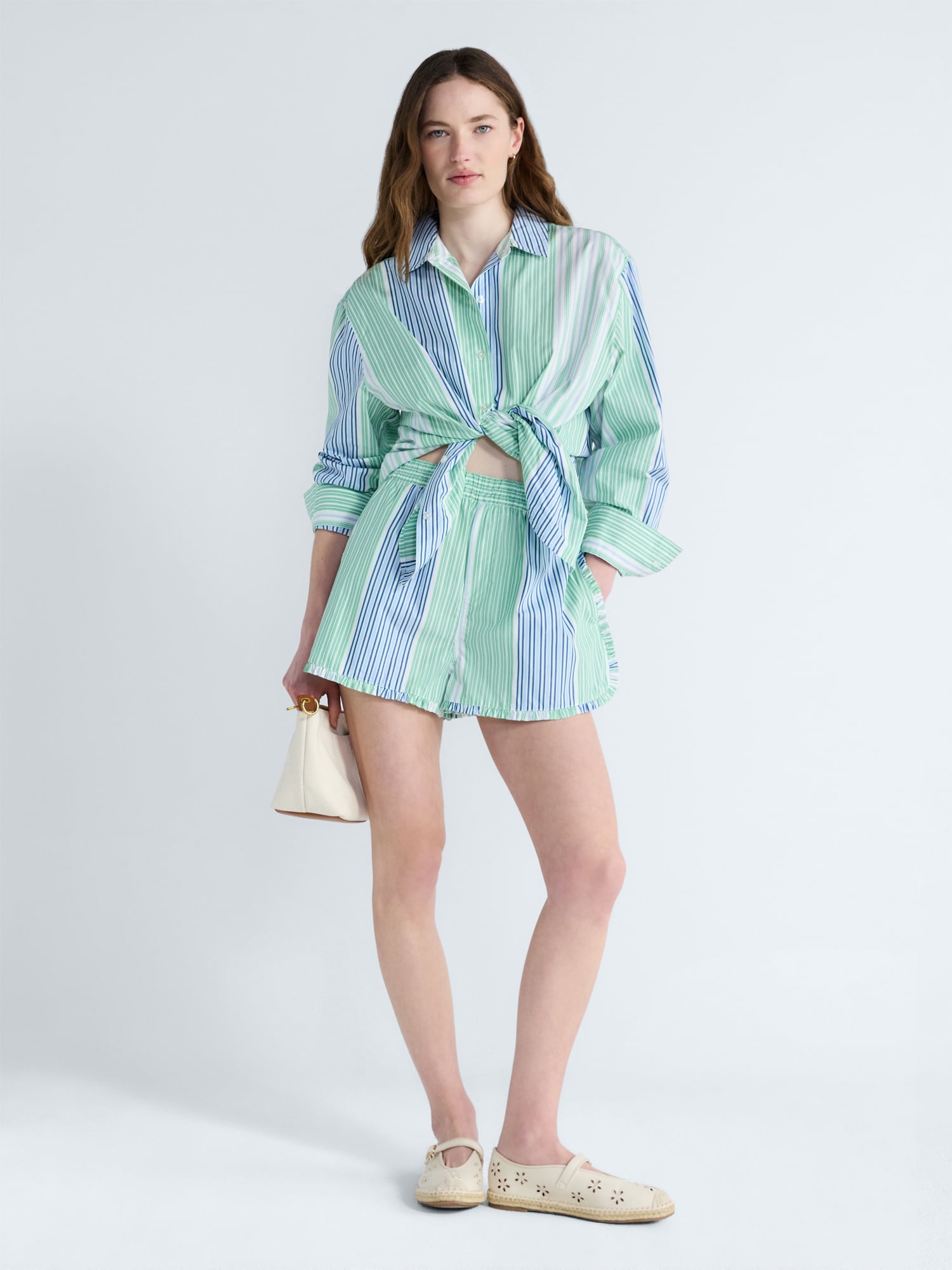 Free Assembly Women's and Women's Plus Ruffle Trim Cotton Poplin