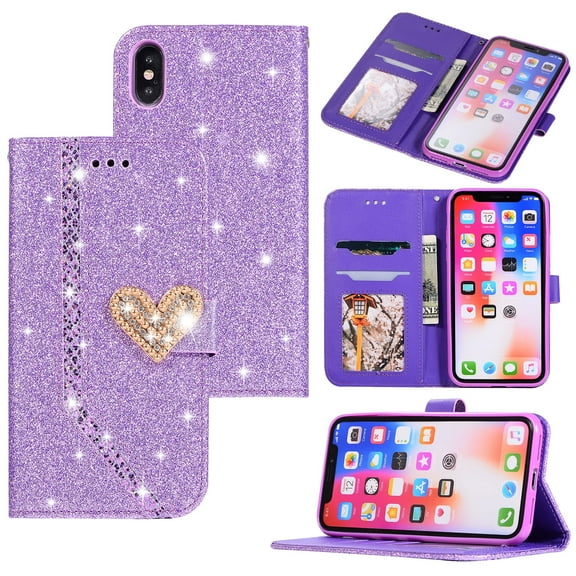 iPhone X Case, iPhone XS Case, Allytech PU Leather Glitter Diamond Embossed Shockproof Cards Pocket Folio Flip Protective Kickstand Lightweight Case Cover for Apple iPhone X, iPhone XS, Purple