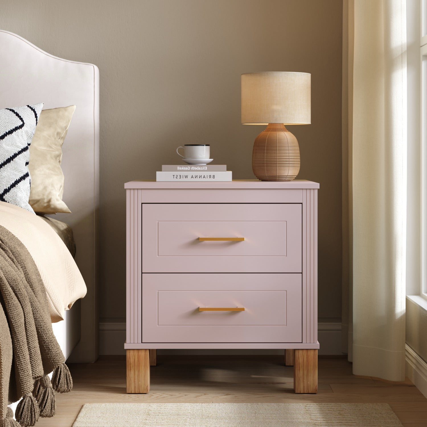 2 Drawer Nightstand with Solid Wood Legs, Fluted Bedside Table with Metal Handles, Tall Wood End Table Storage Cabinet for Bedroom, Living Room, Pink
