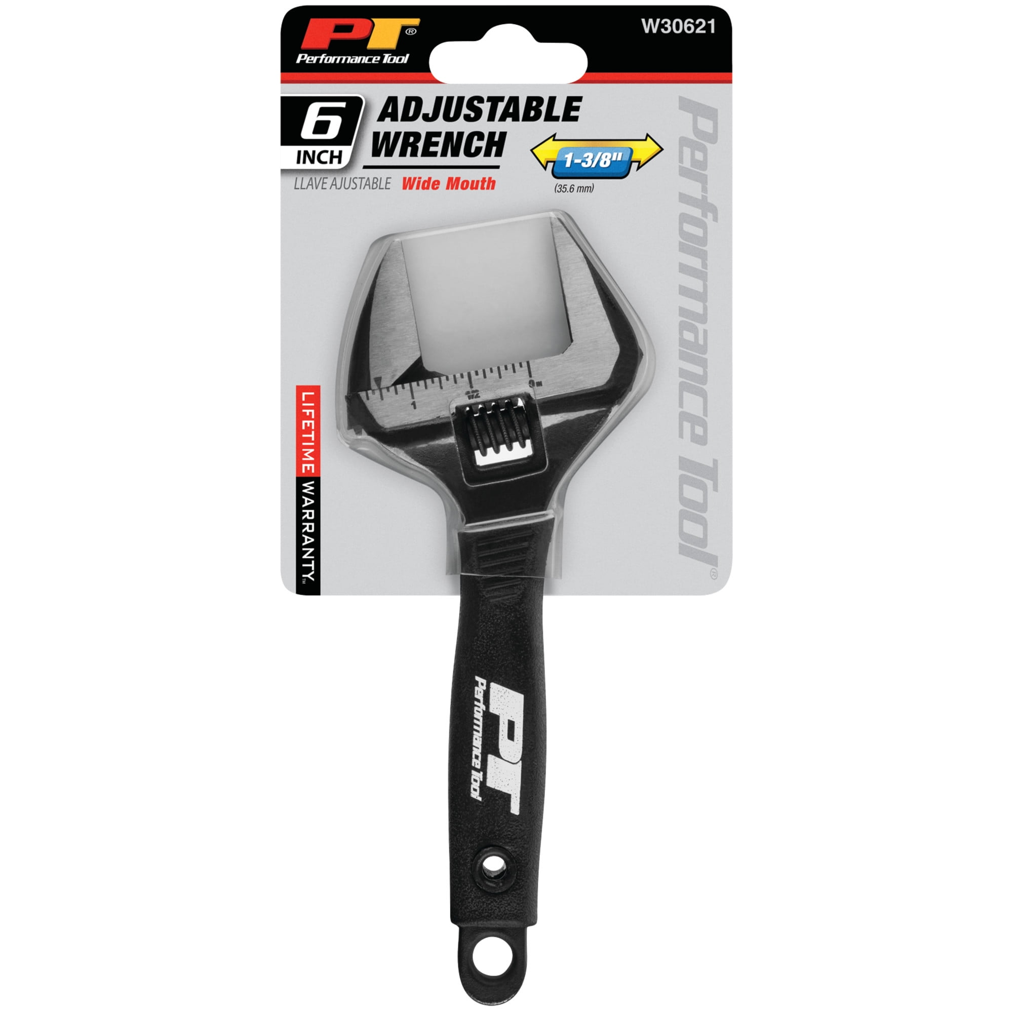 Performance Tool W30621 6-Inch Wide Mouth Adjustable Wrench: 1-3/8-in Jaw Capacity, Chrome Vanadium Steel, Ergonomic Molded Grip, Black Phosphate Finish, SAE/Metric Graduations, Black