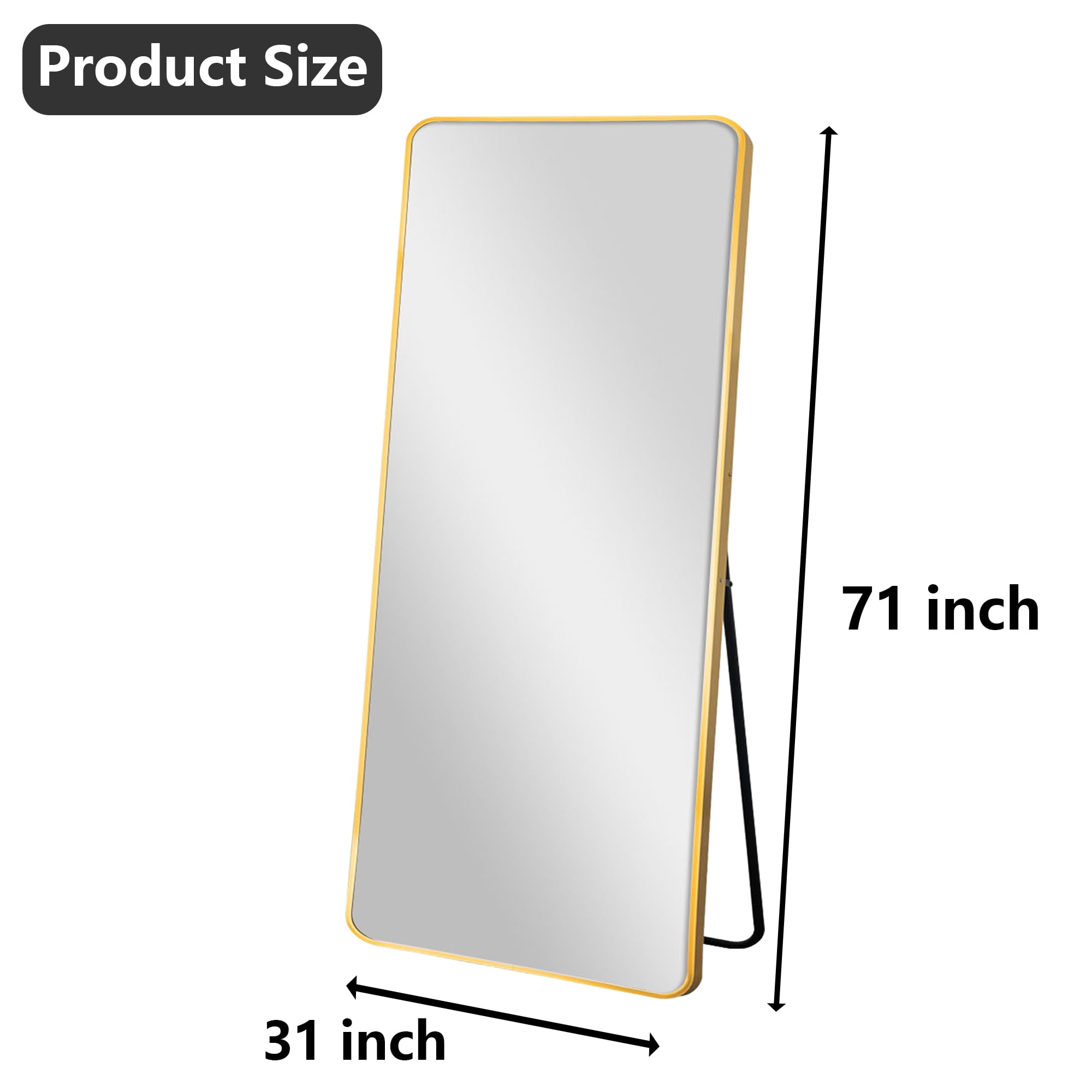 MAYEERTY Gold Rounded Corner Full Length Mirror, Wall Mount or Freestanding for Bedroom/Living Room, 71" × 32"