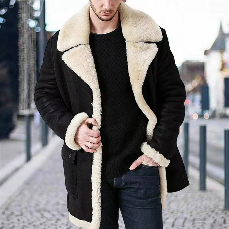 【mnem】Lant Collar Fur Jacket Men Overcoat Faux Fur Integrated Plush Lining Thickened