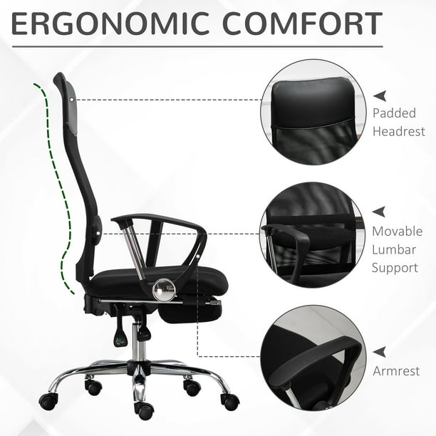 Vinsetto Office Chair High Back Mesh Executive Computer Desk Napping Seat,  Height Adjustable, Swivel with Footrest and Lumbar Support