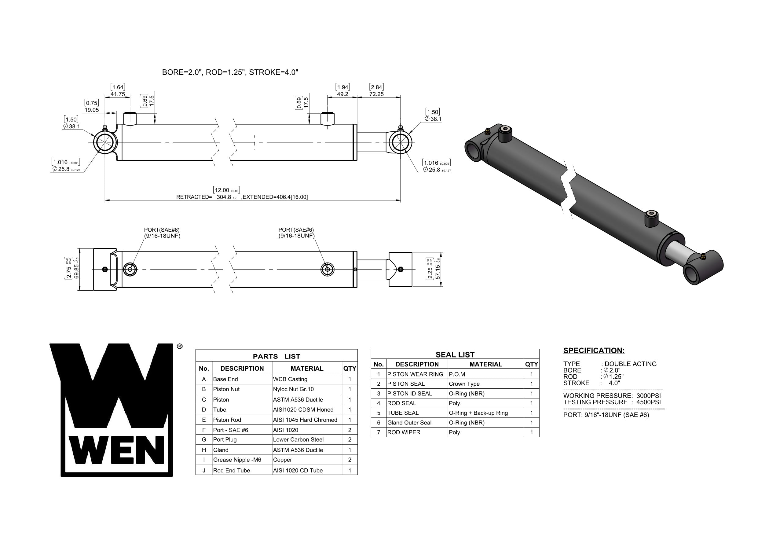 WEN Cross Tube Hydraulic Cylinder with 2-inch Bore and 4-inch Stroke