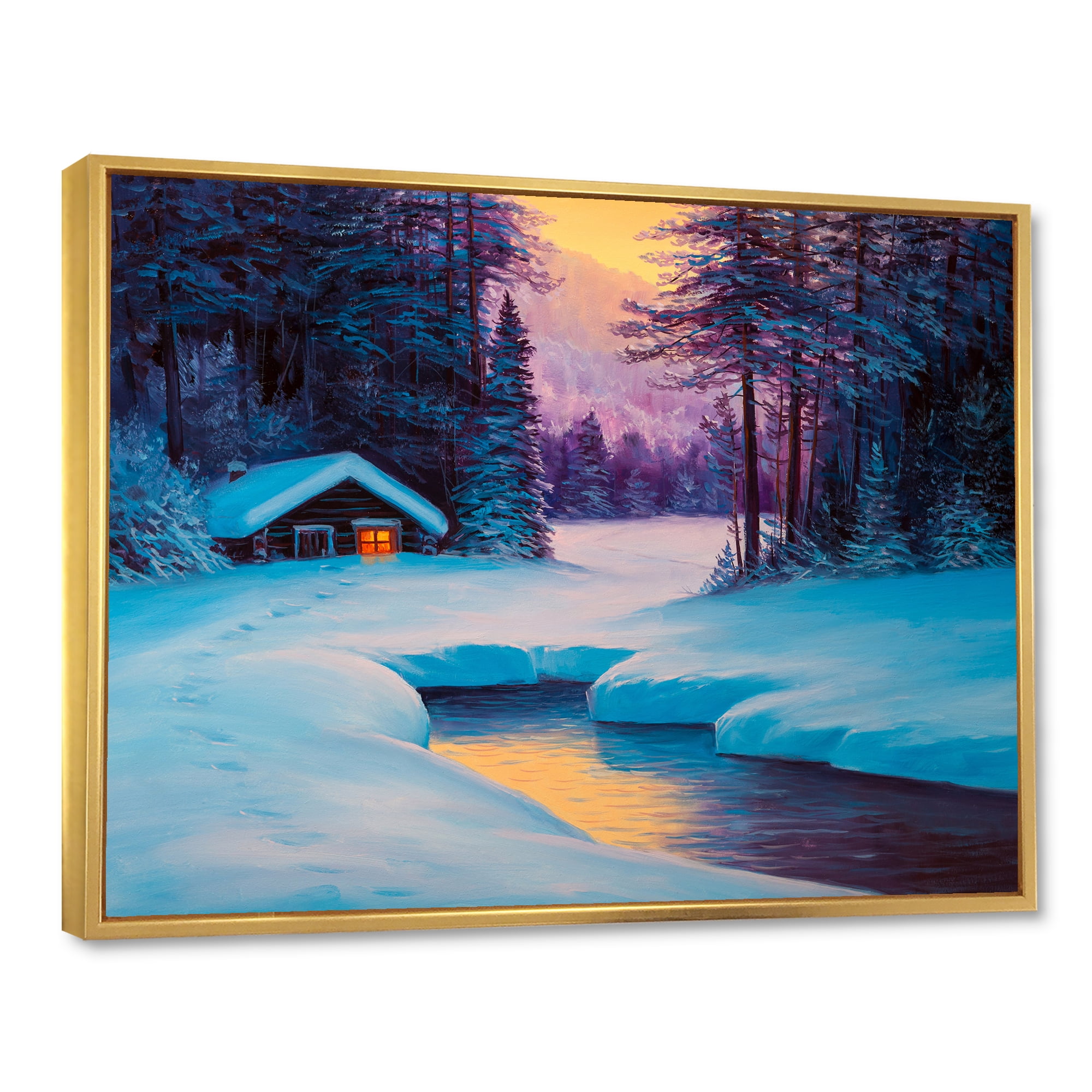 Designart 'Old Cabin In Winter Forest In Evening Glow II' Traditional Framed Canvas Wall Art Print