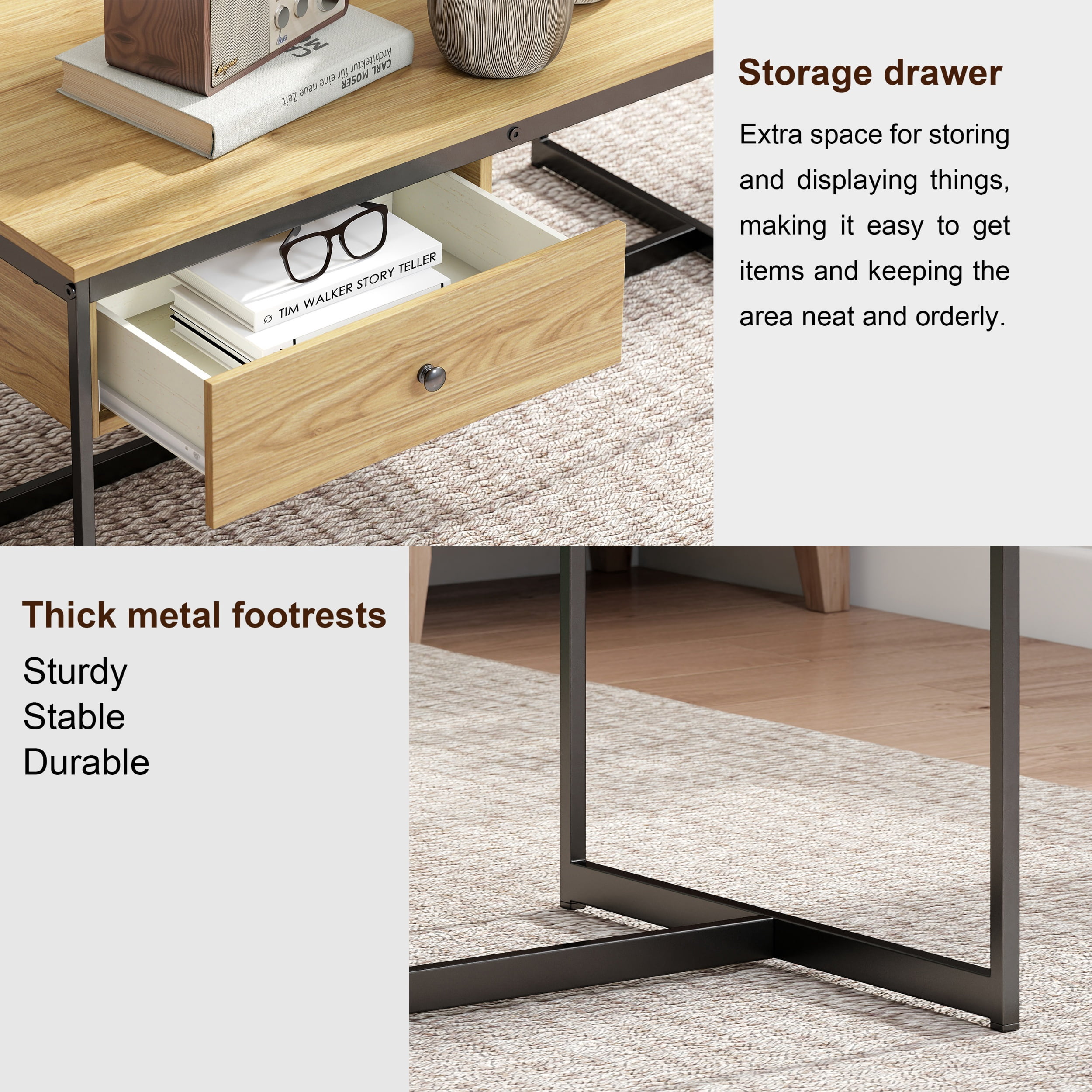 Manxile Industrial Rectangle Wood Coffee Table Metal Cocktail Table with Drawer, Natural