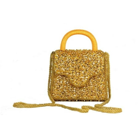 6.5" Diva Fashion Purse Gold Evening Bag with Sequins and Beadwork