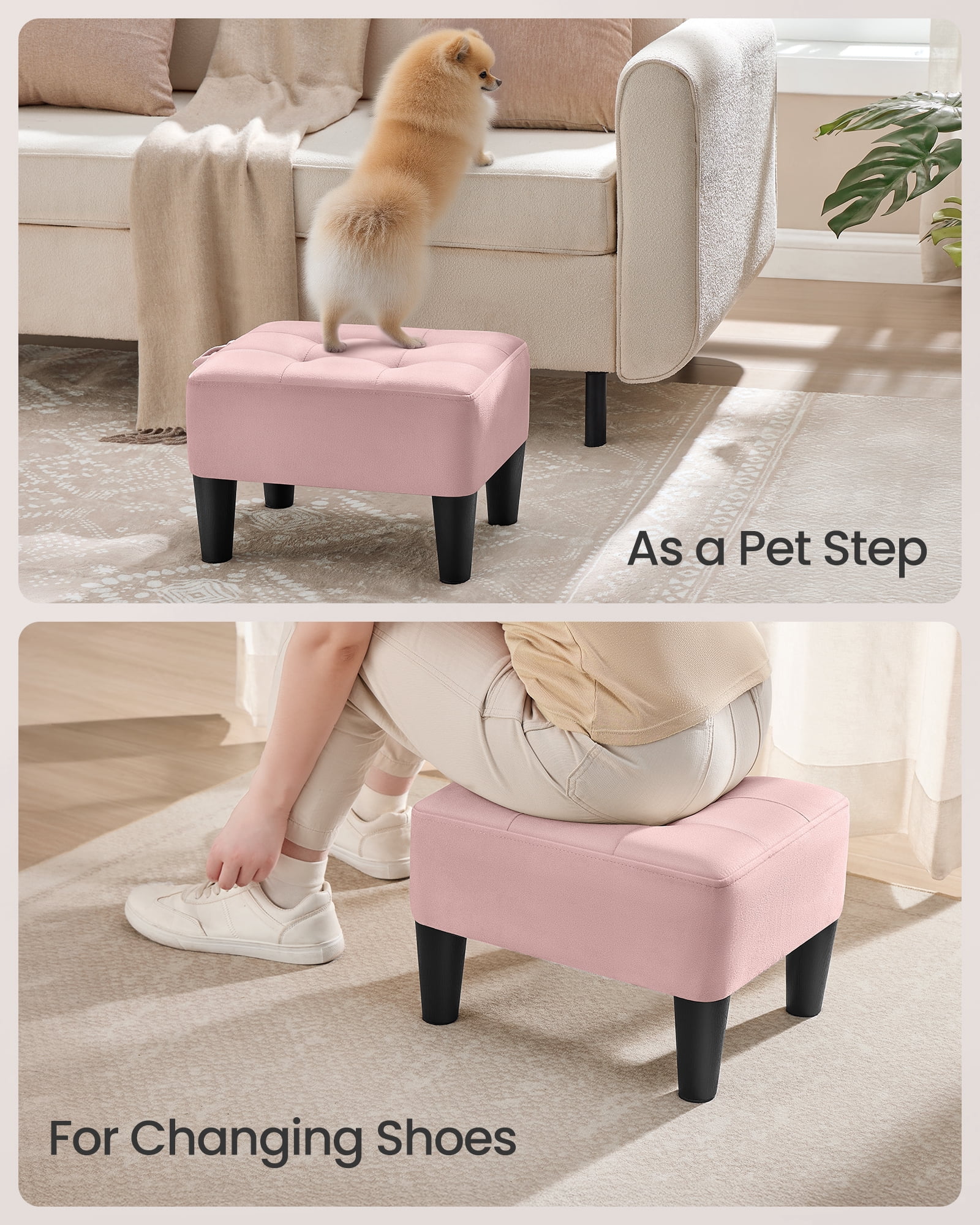 Small Velvet Ottoman Foot Stool with Angled Legs, Thick Foam Cushion, Hidden Storage & Carry Handle, for Living Room, Bedroom – Jelly Pink
