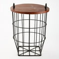 Metal Storage Basket Side Table with Carrying Handles and Wooden Lid