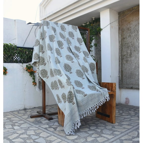 Fabdivine- Handmade Block Print Cotton Throw Blanket – Anar Print, 90"X54"