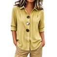 thumbnail image 2 of Womens Plus Size Tops Cotton Linen 3/4 Sleeve Shirts for Women Button Down Plaid Printed Lapel Loose Summer Fall Top S-4XL, 2 of 5