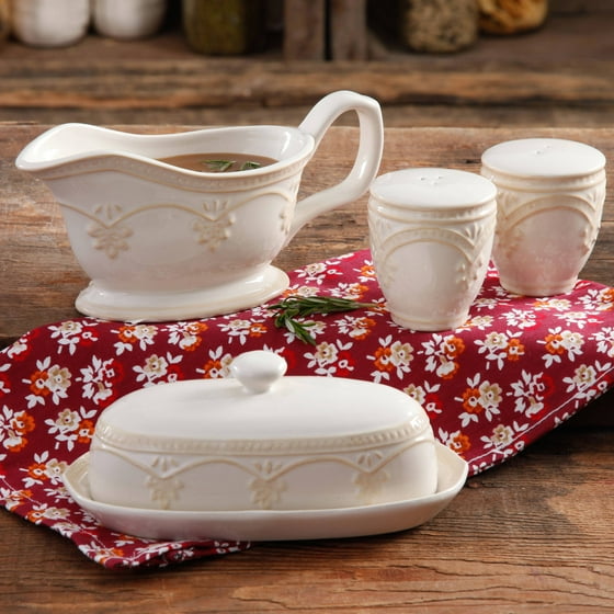 The Pioneer Woman Farmhouse Lace Butter Dish with Gravy Boat and Salt
