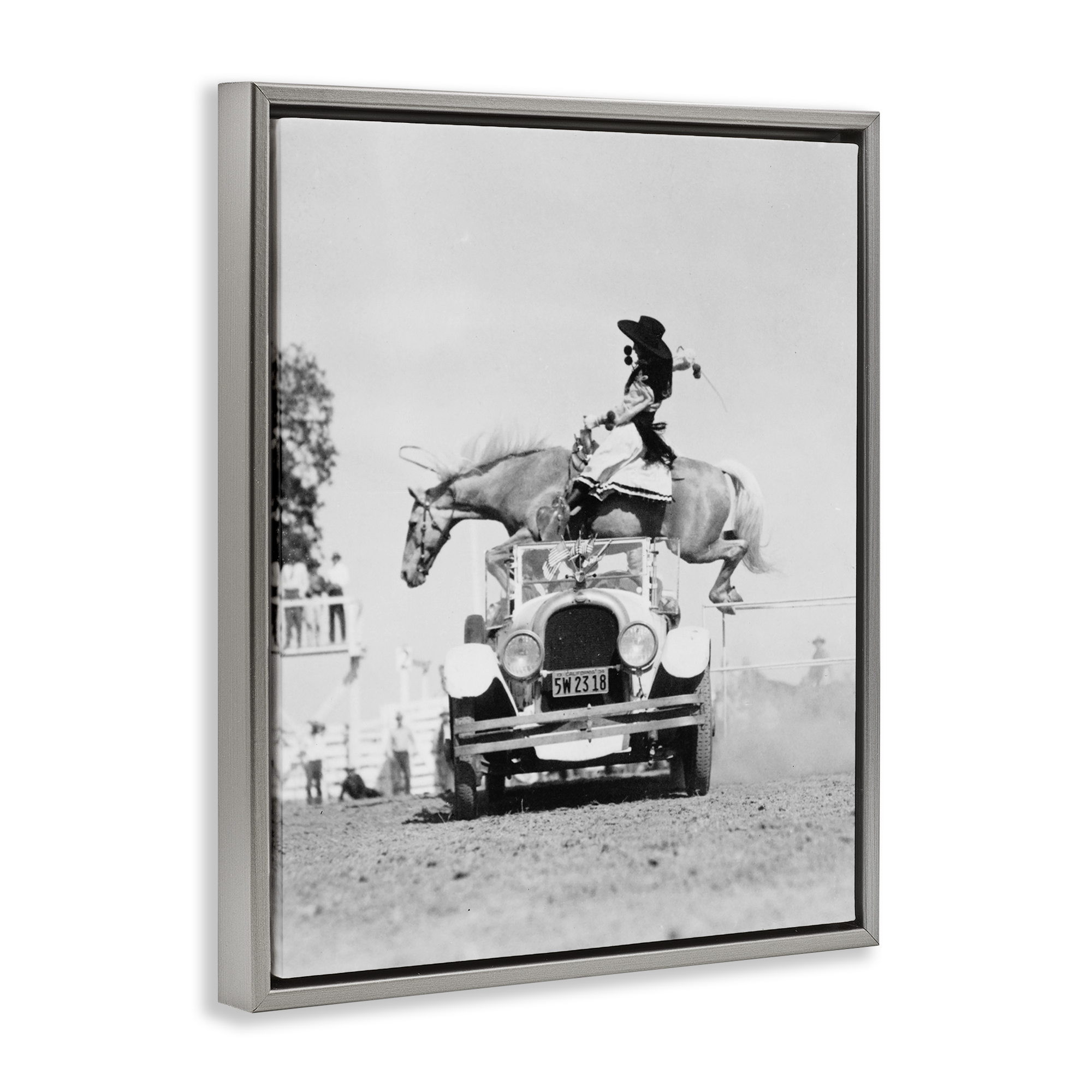 Stupell Industries Rodeo Girl Jumping Horse Animals Photography Gray Floater Framed Canvas Art Print Wall Art, 17 x 21