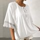 thumbnail image 5 of Moda mujer verano Casual cuello redondo manga corta Color sólido encaje costura Tops pulóver blusa Pompotops hkajfhjk470805, 5 of 7