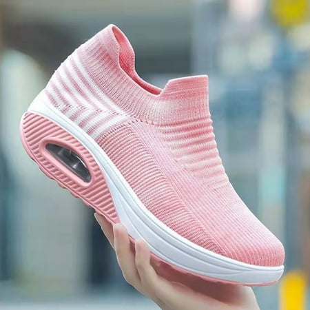 

LnjYIGJ Women s Wedges Shoes Round Toe Air Cushion Bottom Flying Knit Single Shoes European And Beautiful Women Shoes