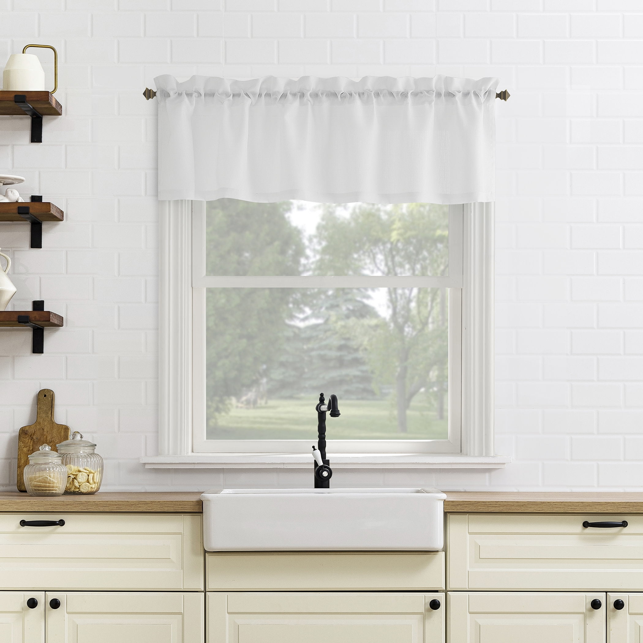 Mainstays Textured Small Window 3-Piece Cafe Curtains with Valance, Rod Pocket, White, 56 in W x 36 in L
