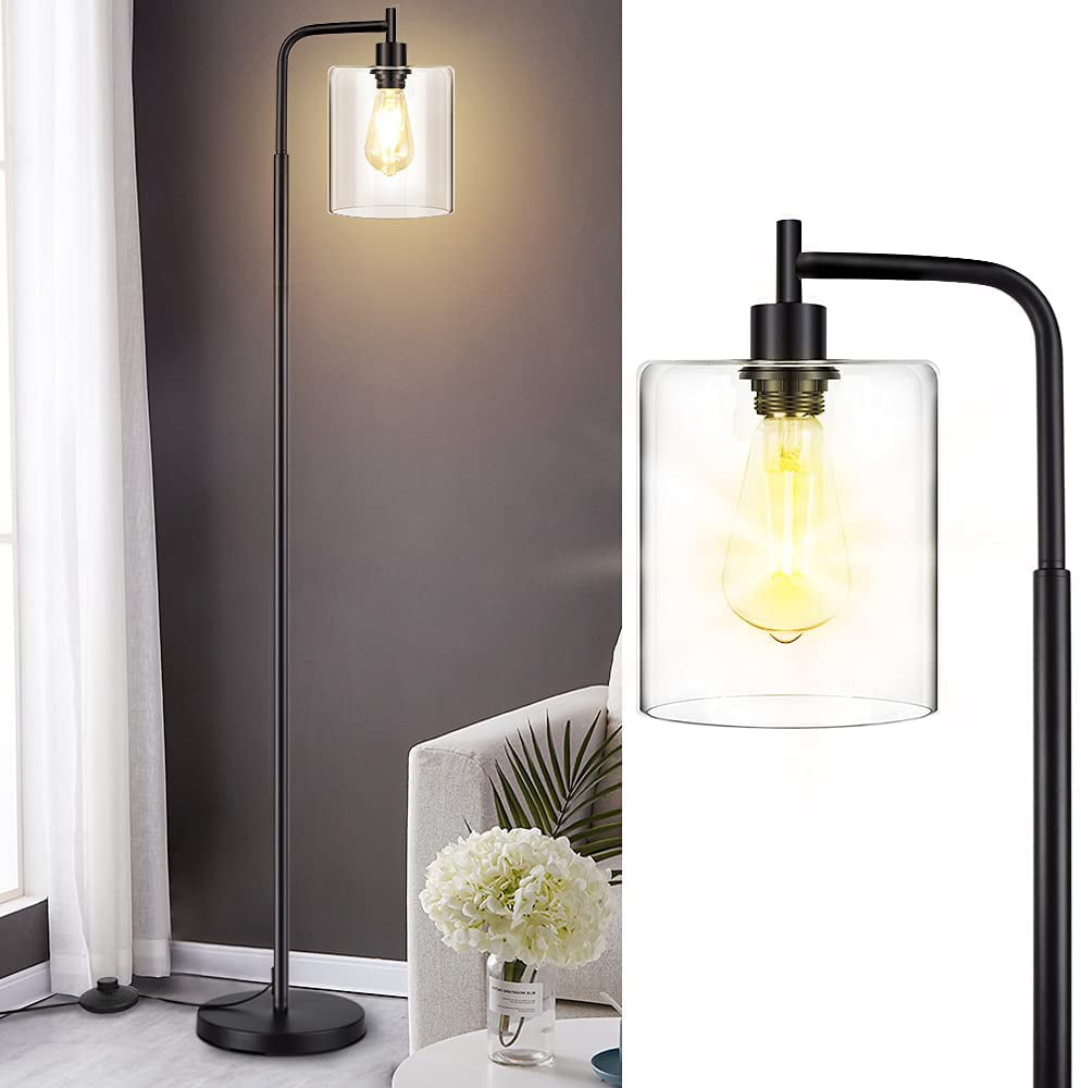 Black Floor Lamp Contemporary Standing Lamp with Hanging Bubble Glass Lamp Shade Industrial Light for Living Room Bedroom Farmhouse 