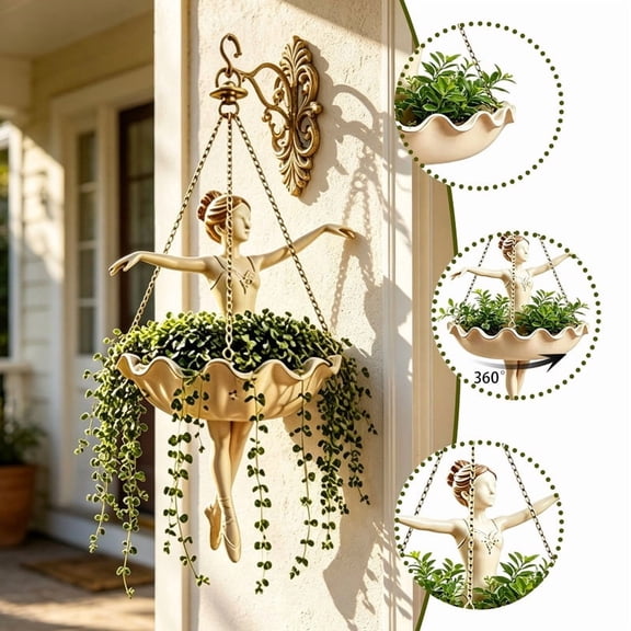 7" Ballet Dancer Hanging Planter, Resin Dancer Hanging Planter With Top Hook & Open Bowl, Decorative Holder For Balcony, Entryway And Garden