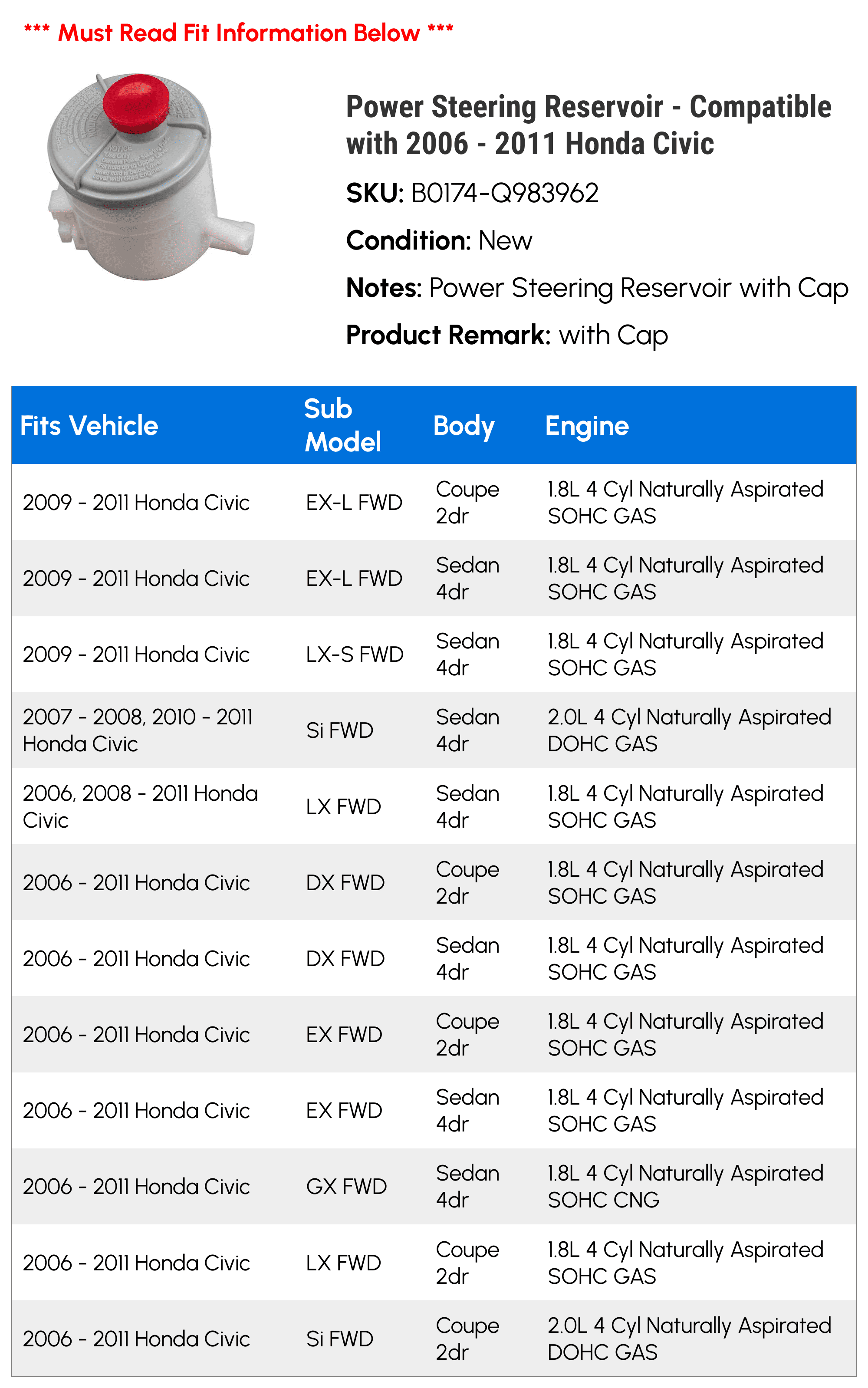 Power Steering Reservoir - Compatible with 2006 - 2011 Honda Civic 2007 2008 2009 2010