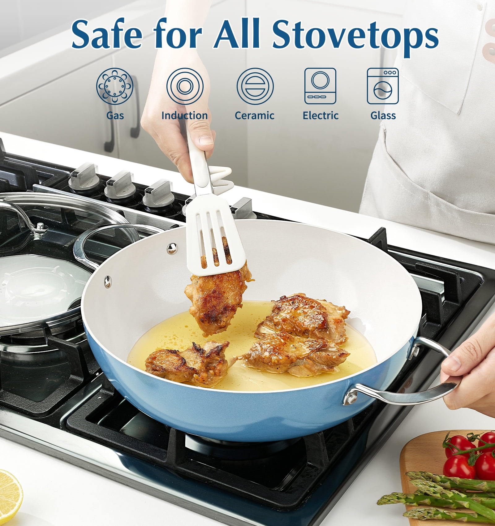 Koch Systeme CS 6QT Non-Stick Deep Frying Pan with Lid, Saute Pan with Aluminum Ceramic Coating, Dishwasher and Oven Safe, Blue