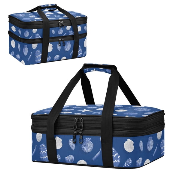 Large Double Decker Insulated Casserole Carrier Expandable 2-Layer Thermal Food Tote Bag Fresh Coastal Seashell Pattern Hot Cold Pizza Lasagna Holder for Potluck Picnic Party Camping