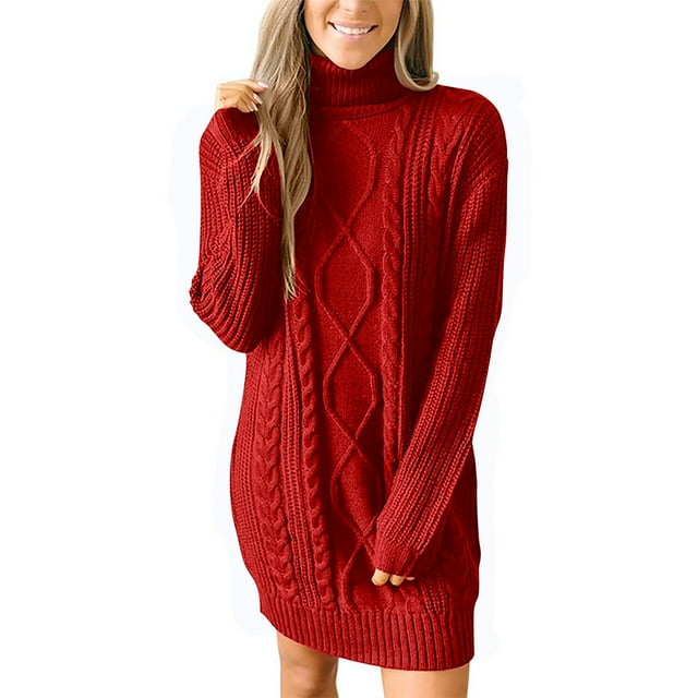 QUYUON Chandails pour Femmes Plus Size Chandails Longs - Chandails à Col Roulé Manches Longues en Tricot Torsadé Robe Décontractée Chandail Tricoté Chandail Jumper Tops Mini Robe Rouge TG