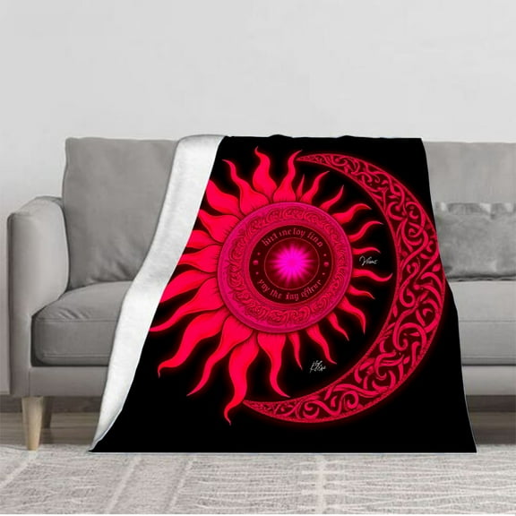 Vibrant Celestial Flannel Blanket - Cozy Soft Blanket with Intricate Sun & Moon Design for Sofa Travel Bed Chair