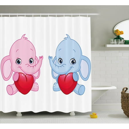 Shower Curtain Kids Elephant Nursery Decor Shower Curtain, Pink and Blue Kid Infant Elephants Holding Hearts Smiling Twins, Fabric Bathroom Set with Hooks, 69W X 70L Inches, Pink Blue Red, by Ambesonne ()