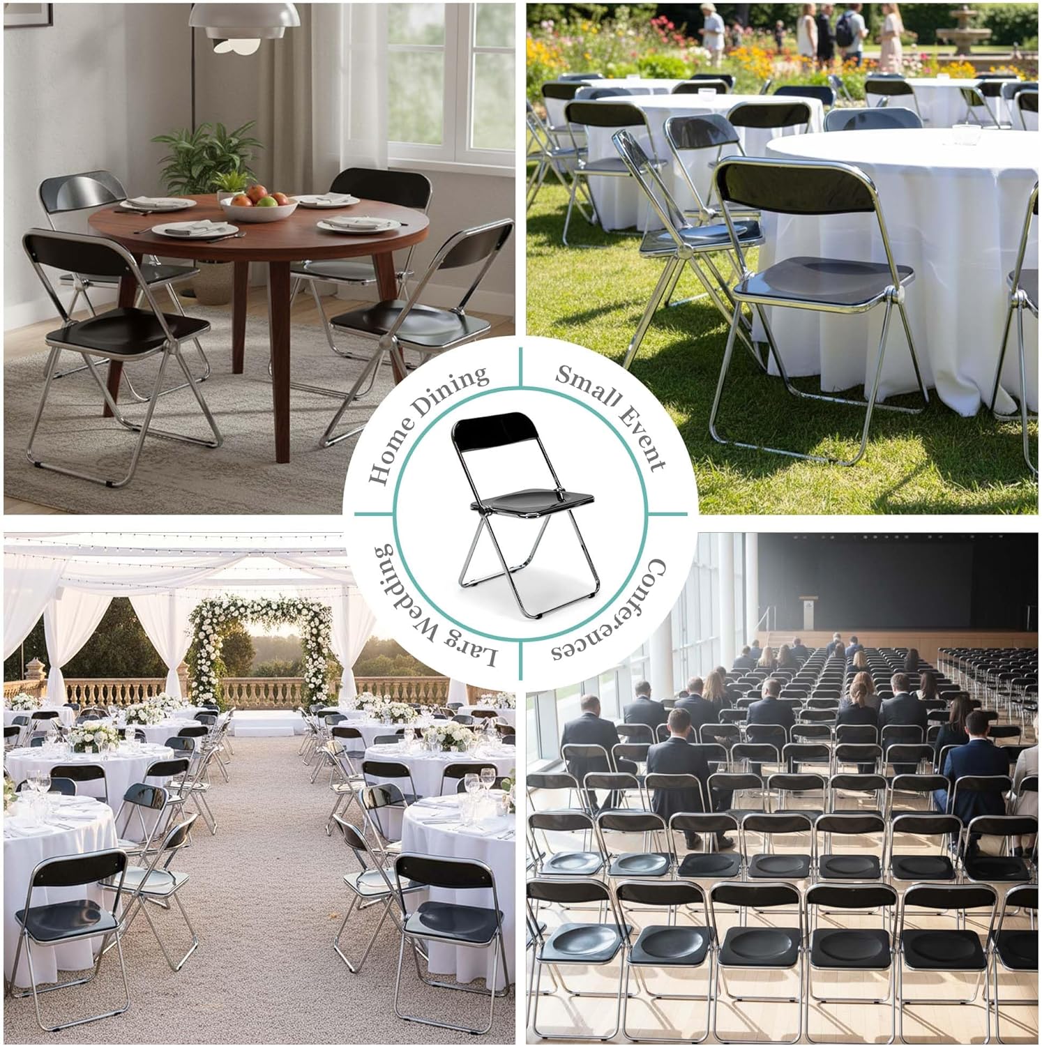 EventStable Clear Acrylic Folding Chair with Electroplate Chrome Frame, Lightweight Portable Seating Stackable Comfortable Chair for Indoor Outdoor Dining, Events & Parties - Onyx - 4-Pack