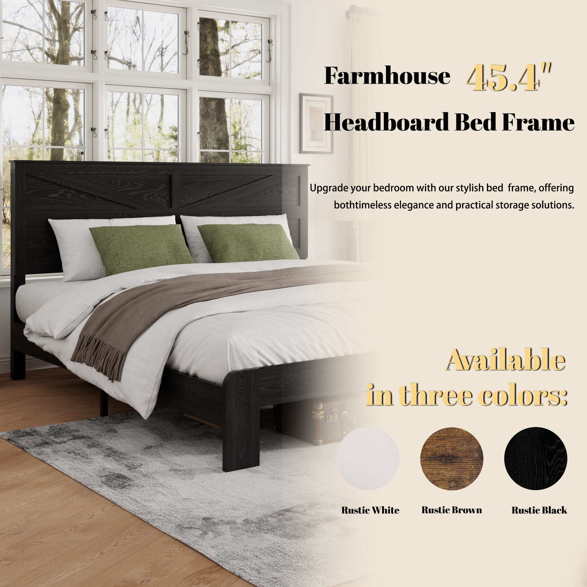 King Size Farmhouse Wooden Bed Frame with Headboard, Boho Platform Bedframe Sturdy Metal Slats Support, No Spring Mattress , Silent Operation, Easy Assembly (King, Black)