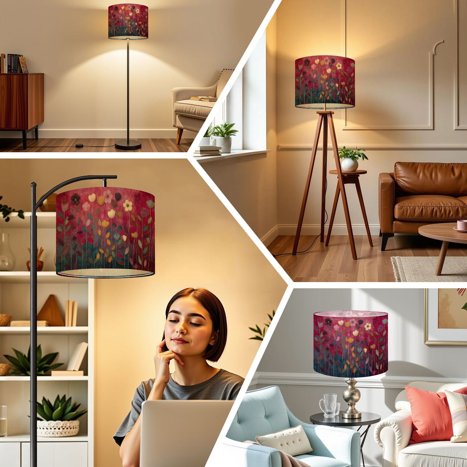 Linen Drum Lampshades Red Floral Burgundy Leaf Vintage Boho Flower Colorful Flowers 13"x13"x10" Light Shade for Table Lamps Floor Lamps Drum Lamp Shades Lampshade Replacement Assembly Required