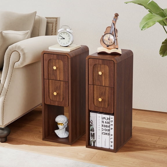 Wirrytor Mid-Century Modern Narrow Nightstand Set of 2 for Bedroom, Slim Bedside Table and Side End Table with 2 Drawers, Walnut