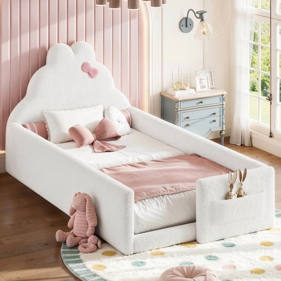 Bellemave Twin Upholstered Floor Bed with Bunny Headboard & Side Pocket, Soft Low Bed, White