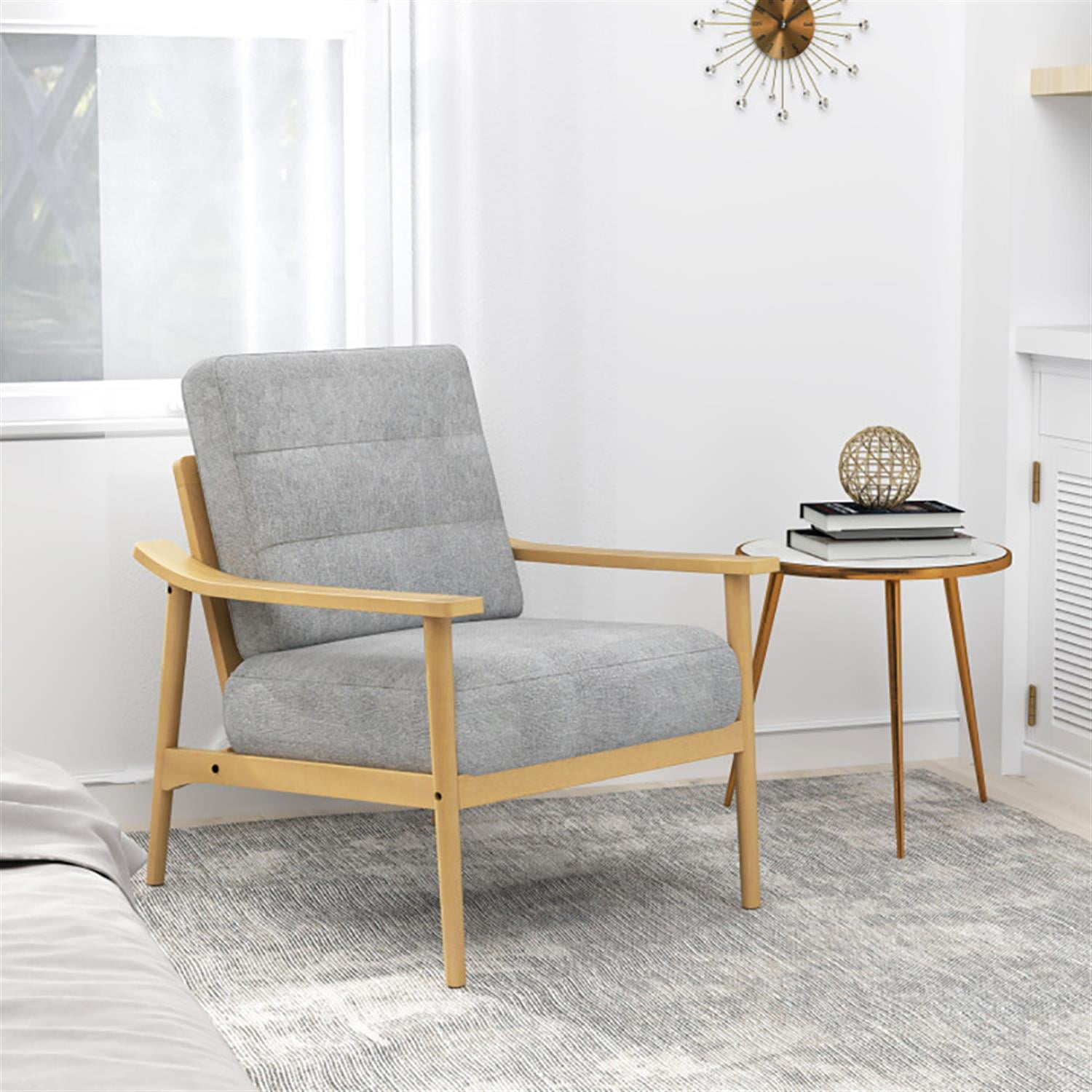 Demi Bonn Modern Accent Chair, Elegant Armchair with Rubber Wood Armrests and Legs, Suitable for Living Room Bedroom Reception Room Office, Beige