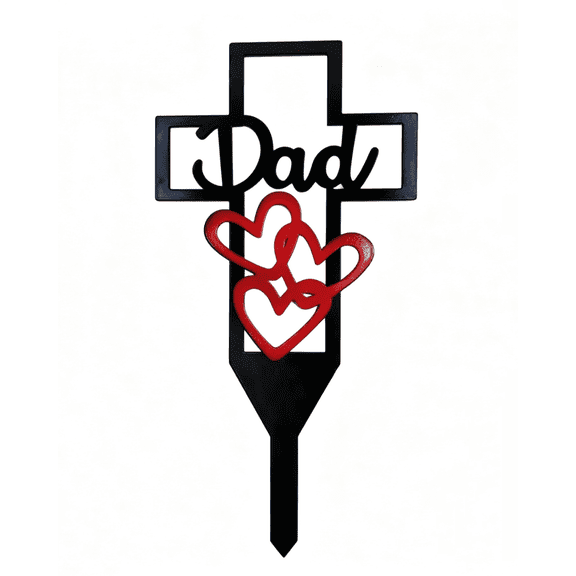 Dad Cemetery Cross Grave Marker, Metal Memorial Garden Stake with Red Heart, Remembrance Ornament, Sympathy Tribute Decor for Cemetery Yard Garden Memorial Decoration