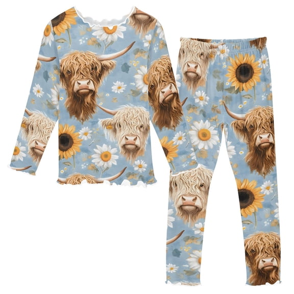 Highland Cow Sunflwoer Long Sleeve Snug Fit Pajama Set 2 Piece Soft Warm Fleece Top and Pants Sleepwear PJs