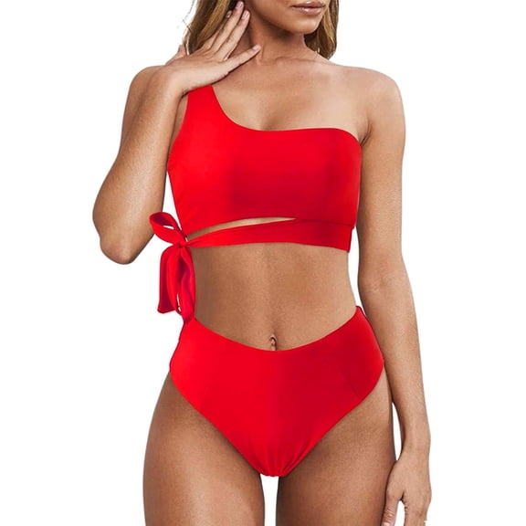 siilsaa One Shoulder Womens Bikini Sets High Waisted Bathing Suits for Women Tie High Cut Swimsuits Red,M