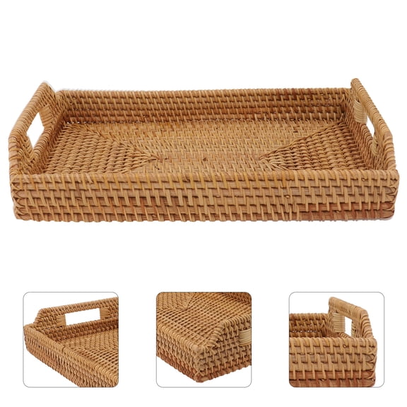 DEEPCRAFF Natural Khaki Rattan Food Tray - 1 Pc Fruit and Dessert Serving Tray for Home and Restaurant Use