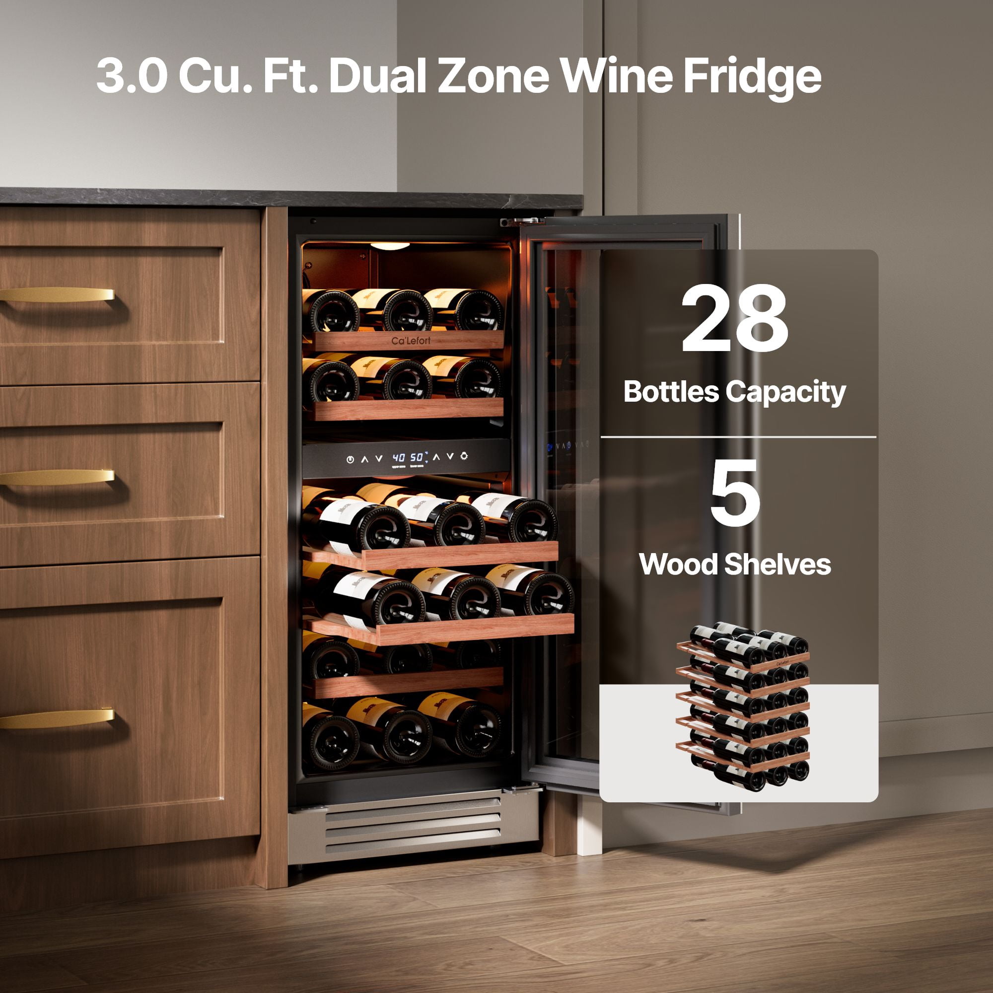 Ca'Lefort 15 inch Wine Fridge, 28 Bottle Dual Zone Wine Cooler Refrigerator with Glass Door for Home/Office,  Built-in & Freestanding