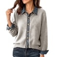 thumbnail image 3 of Fengqque Women’s Denim Collar Button Down Cardigan Sweaters Long Sleeve Cuffed Denim Trim Loose Fit Outerwear Tops Silver Free Size, 3 of 6