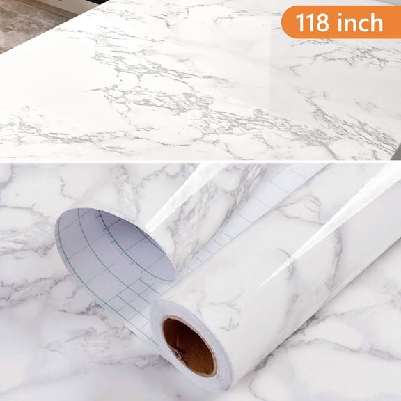 Tripumer 1 Pc Peel and Stick Marble Wallpaper 23.5 x 118 inch Marble Contact Paper Granite Vinyl Roll Wall Paper Glossy Marble Paper for Cabinets and Drawers Countertop Furniture Kitchen White