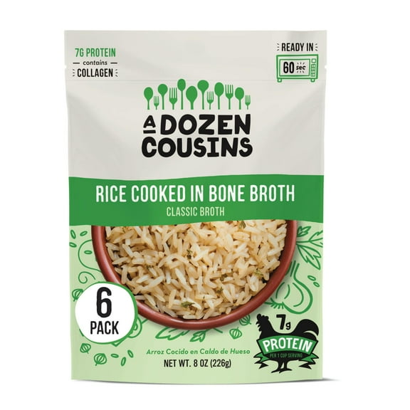 A Dozen Cousins Rice Cooked in Bone Broth Microwaveable Rice Packets | 7g Protein | Contains Collagen (Classic Chicken Broth, 6 Pack)